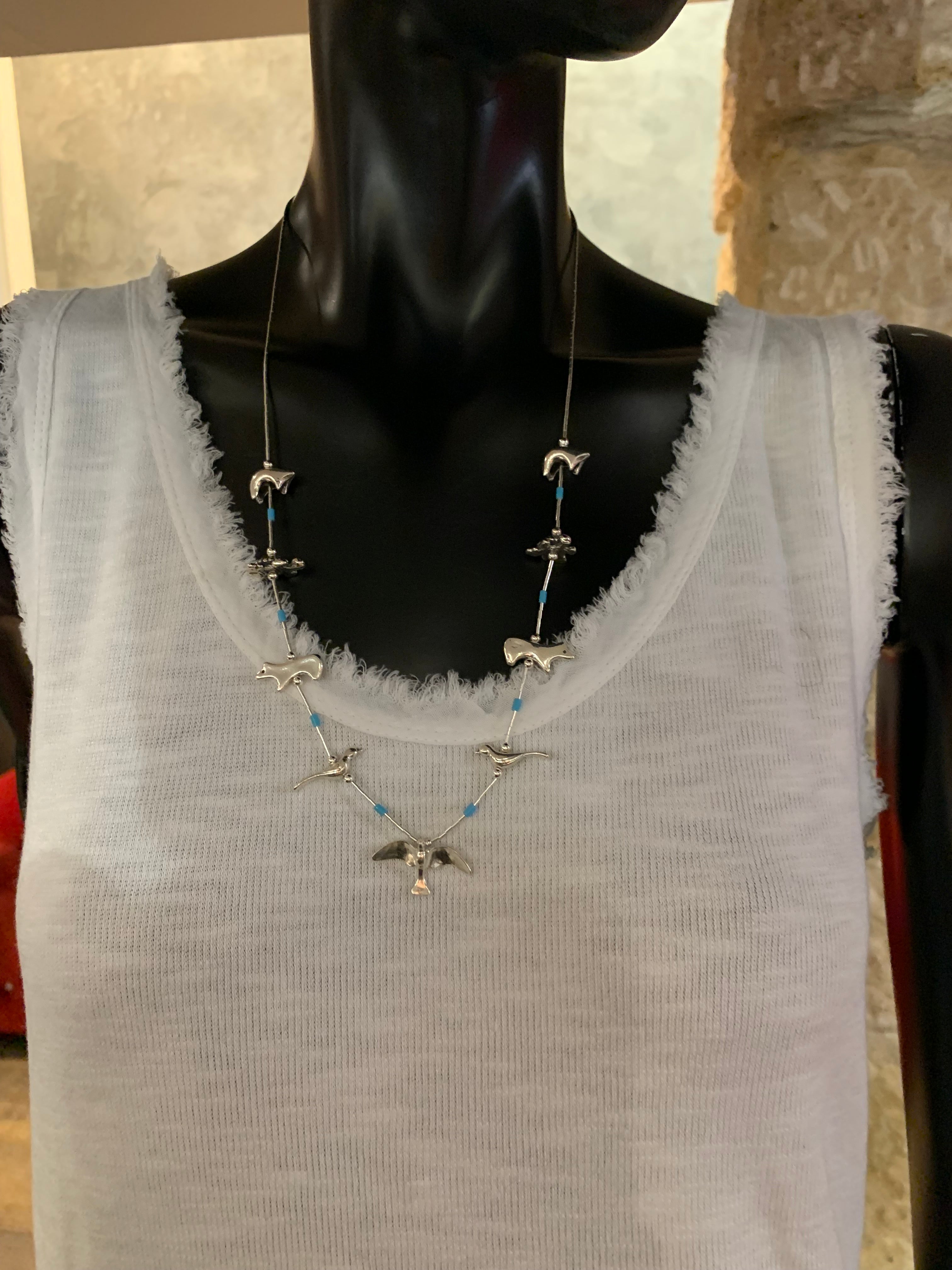 COLLIER « ANIMALS » LONG EN ARGENT ET TURQUOISES