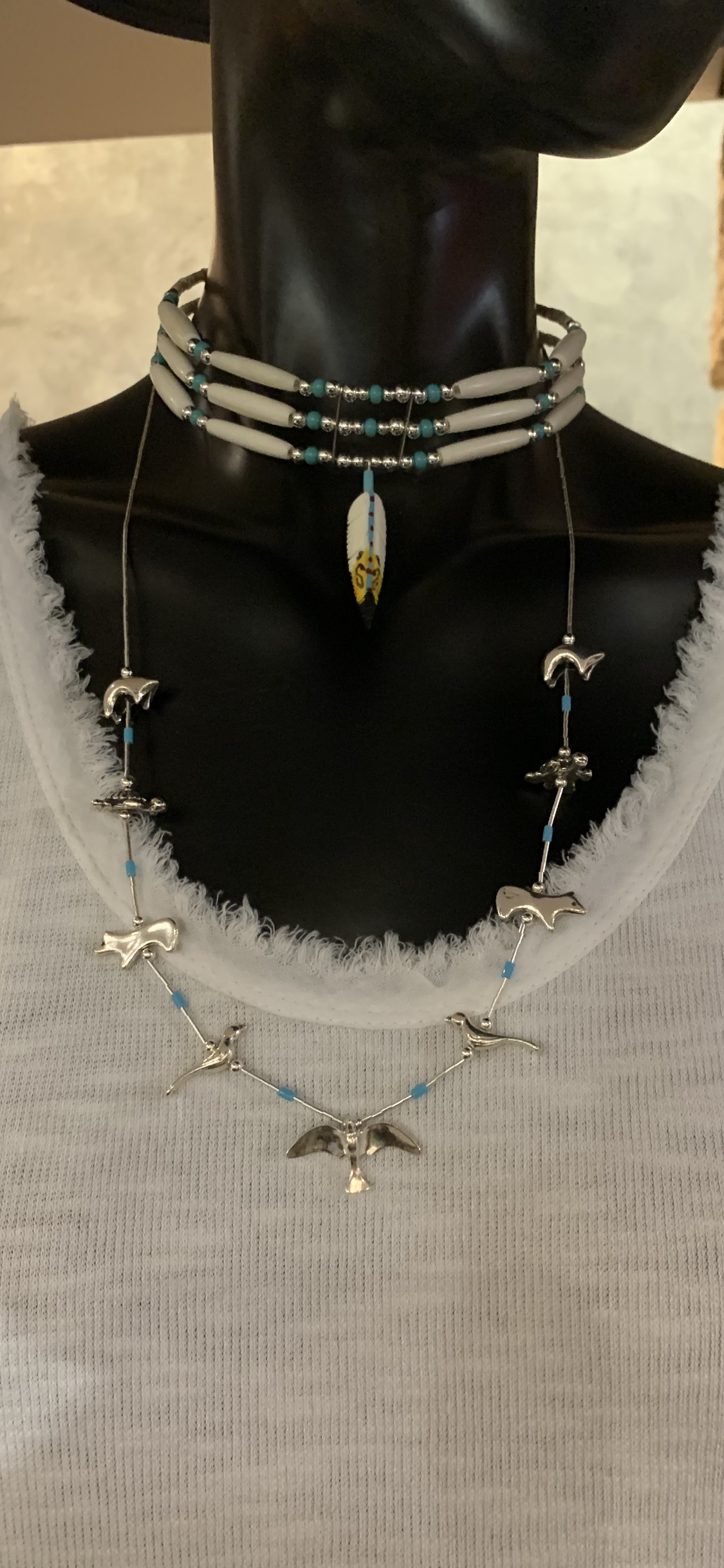 COLLIER « ANIMALS » LONG EN ARGENT ET TURQUOISES