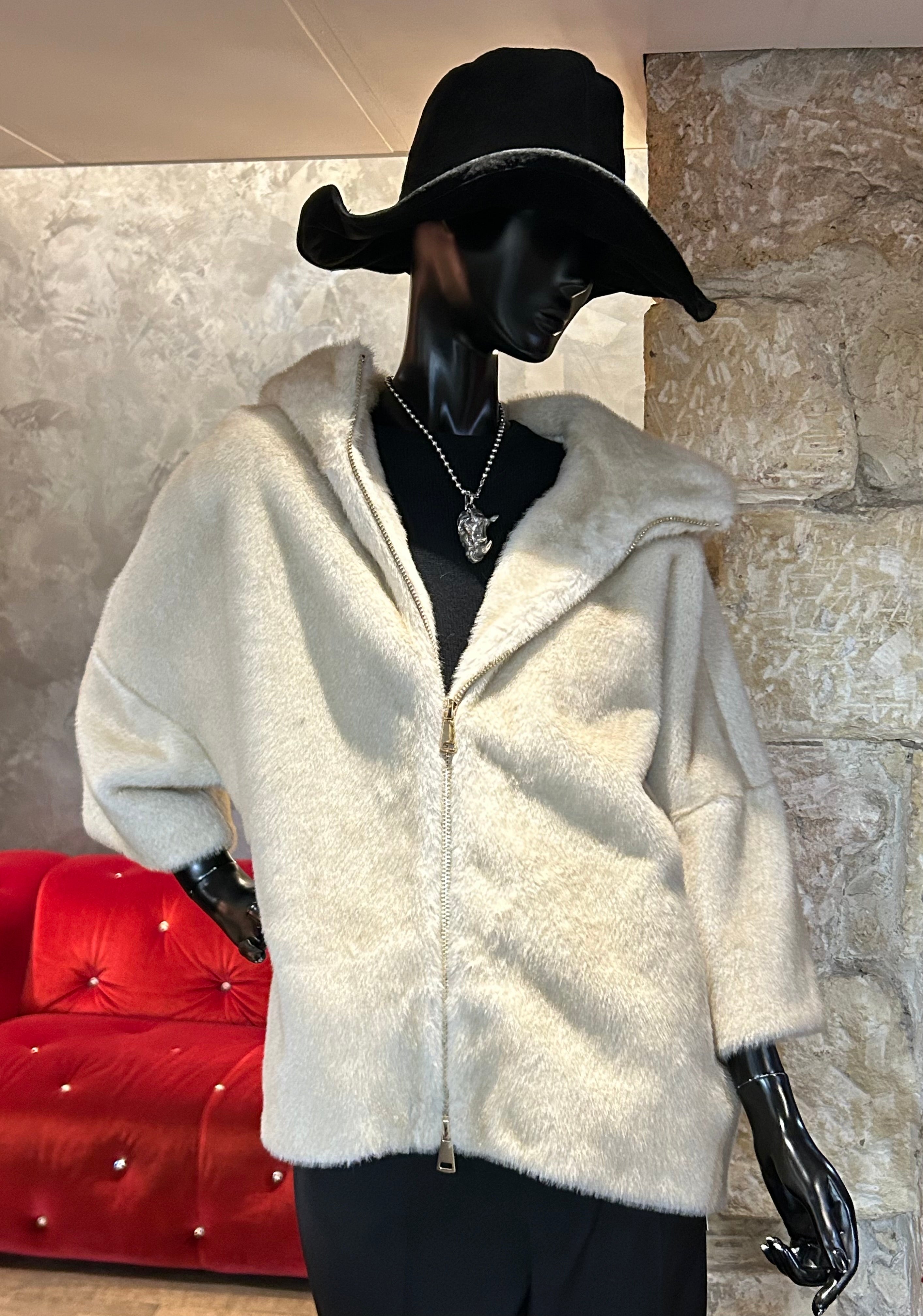 BLOUSON CAPUCHE FAUSSE FOURRURE ÉCRUE