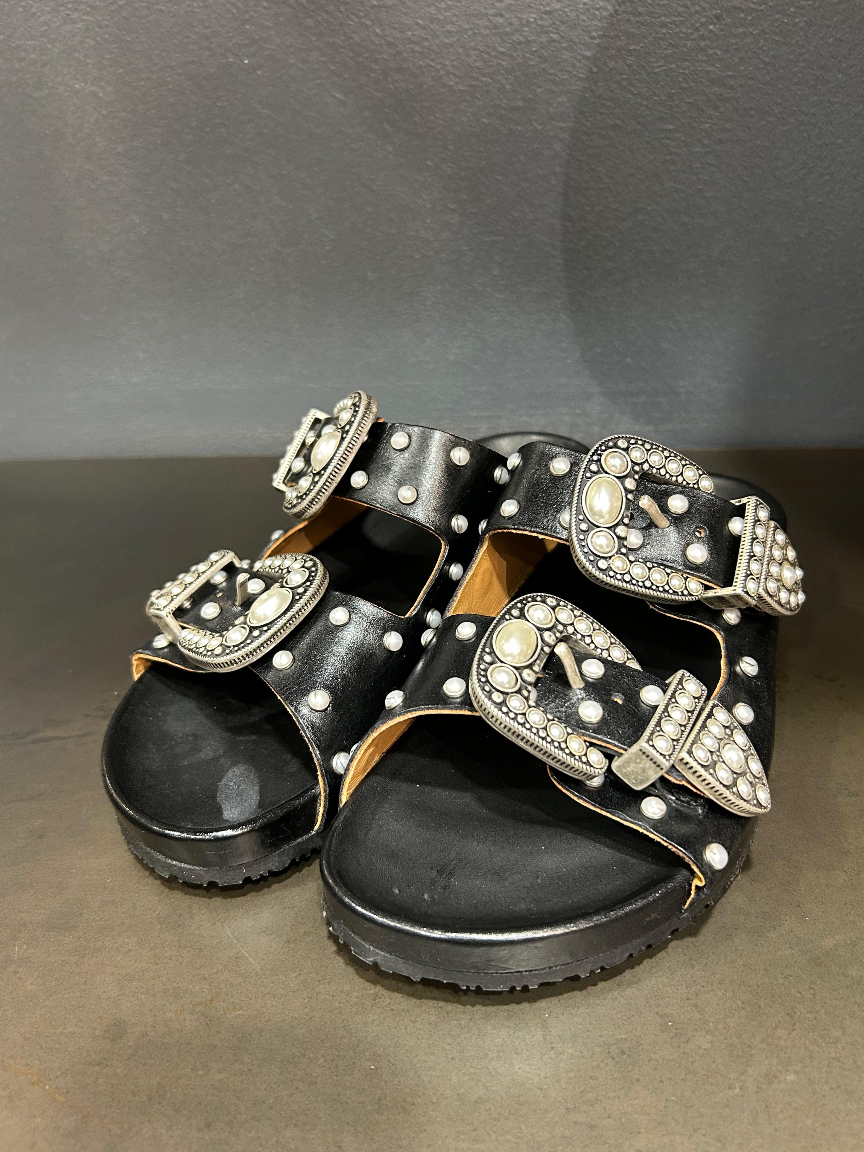 BIRKEN CUIR NOIR ET PERLES NACRÉES